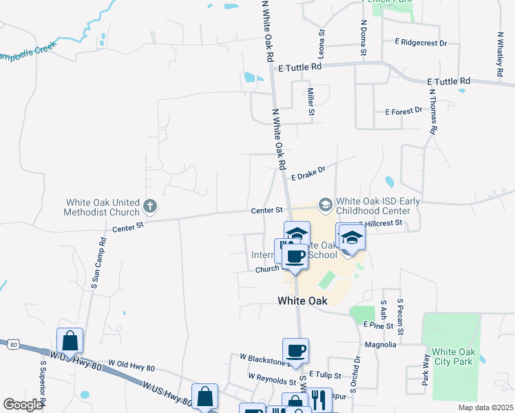 map of restaurants, bars, coffee shops, grocery stores, and more near 154 Ron Boyett Street in White Oak