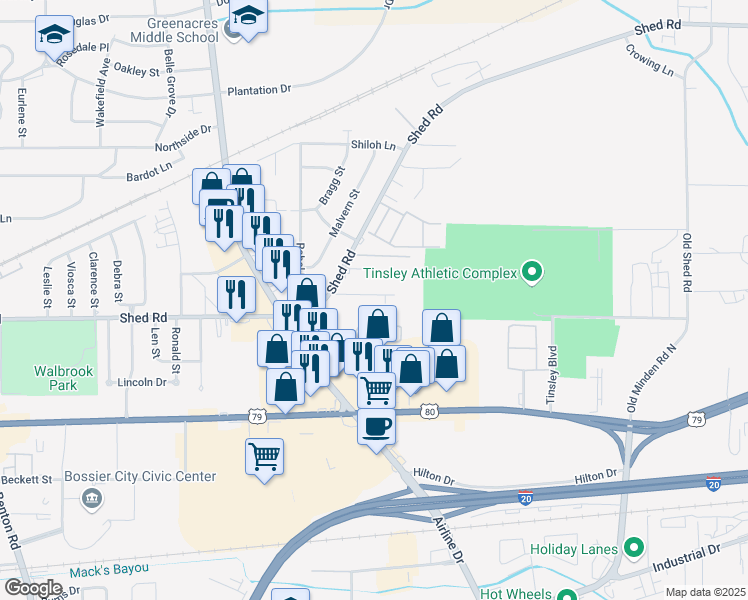 map of restaurants, bars, coffee shops, grocery stores, and more near 3120 Cloverdale Place in Bossier City