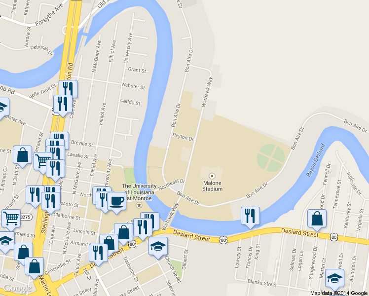 map of restaurants, bars, coffee shops, grocery stores, and more near 4399 Peyton Drive in Monroe
