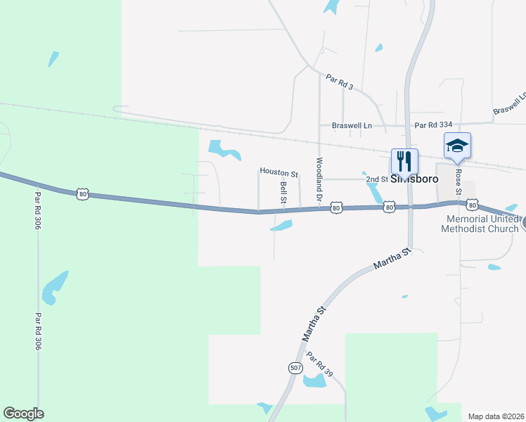 map of restaurants, bars, coffee shops, grocery stores, and more near 225 Houston Street in Simsboro