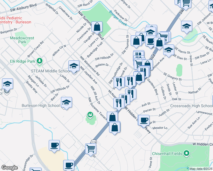 map of restaurants, bars, coffee shops, grocery stores, and more near 828 Southwest Southridge Drive in Burleson