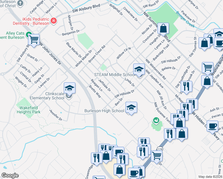 map of restaurants, bars, coffee shops, grocery stores, and more near 508 Marybeth Drive in Burleson