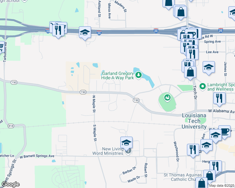 map of restaurants, bars, coffee shops, grocery stores, and more near 401-413 Goyne Street in Ruston