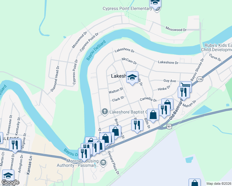 map of restaurants, bars, coffee shops, grocery stores, and more near 211 Walton Street in Monroe