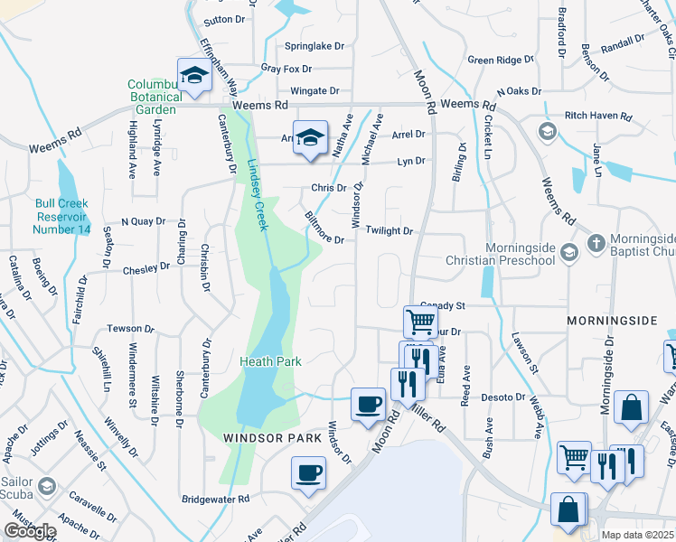 map of restaurants, bars, coffee shops, grocery stores, and more near 3944 Eve Court in Columbus