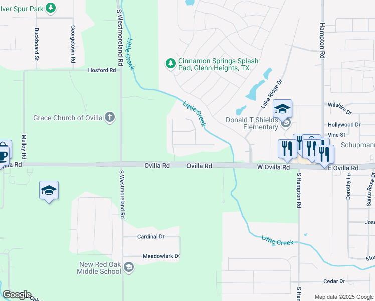 map of restaurants, bars, coffee shops, grocery stores, and more near 207 White Rock Ct in Red Oak