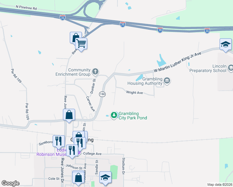 map of restaurants, bars, coffee shops, grocery stores, and more near 104 Wayside Street in Grambling