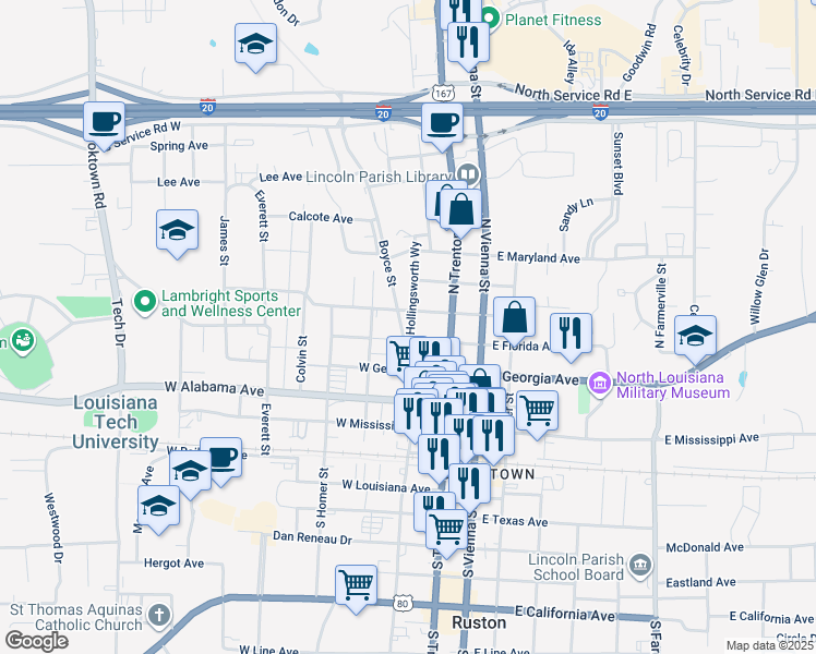 map of restaurants, bars, coffee shops, grocery stores, and more near 503 North Monroe Street in Ruston