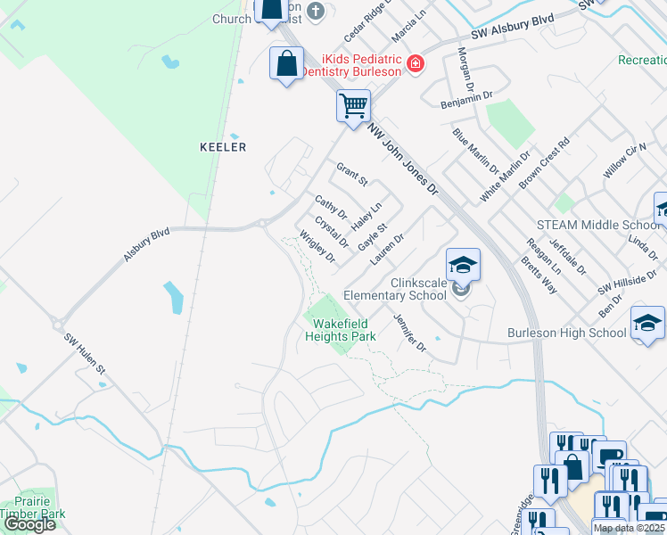 map of restaurants, bars, coffee shops, grocery stores, and more near 1424 Amber Court in Burleson
