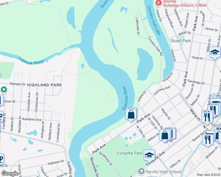 map of restaurants, bars, coffee shops, grocery stores, and more near 343 River Oaks Drive in West Monroe