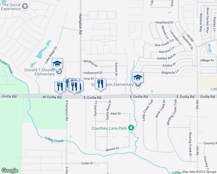 map of restaurants, bars, coffee shops, grocery stores, and more near 218 California Drive in Glenn Heights