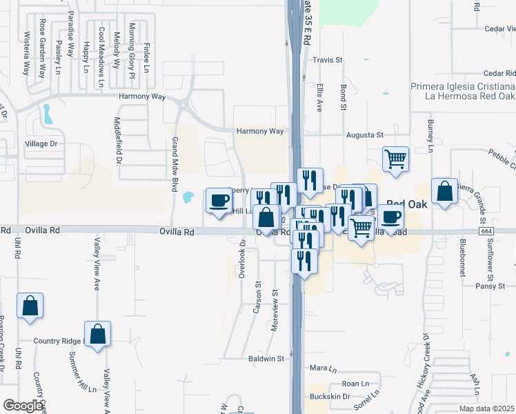 map of restaurants, bars, coffee shops, grocery stores, and more near 114 Hill Lane in Red Oak