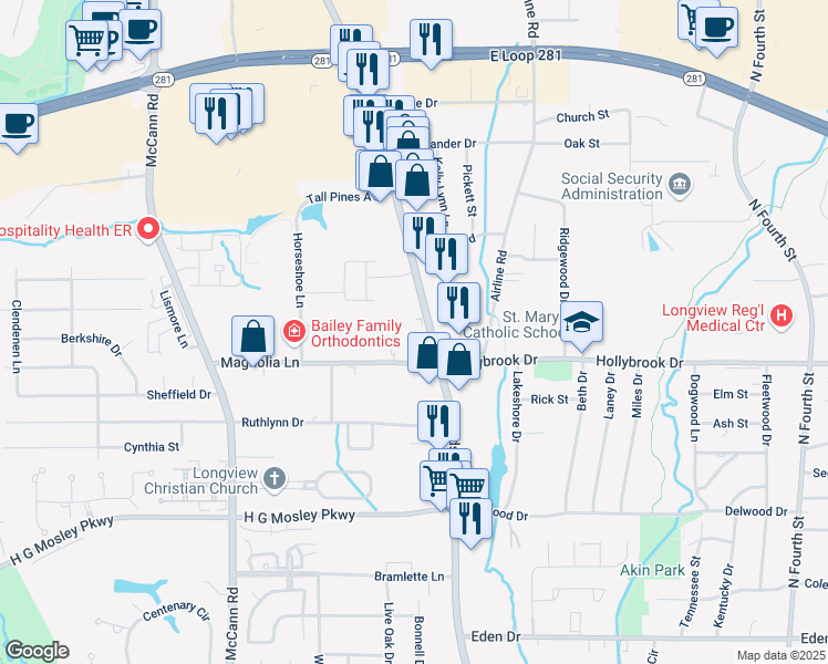 map of restaurants, bars, coffee shops, grocery stores, and more near 2007 Judson Road in Longview