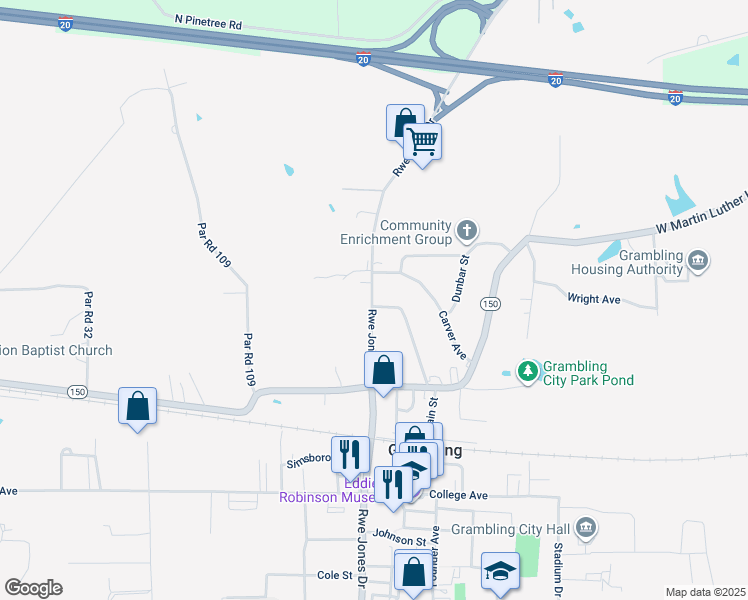 map of restaurants, bars, coffee shops, grocery stores, and more near 104 Main Street in Grambling