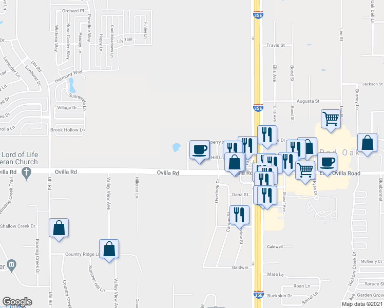 map of restaurants, bars, coffee shops, grocery stores, and more near 222 Hill Lane in Red Oak