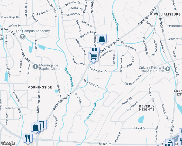 map of restaurants, bars, coffee shops, grocery stores, and more near 5120 Cunningham Drive in Columbus
