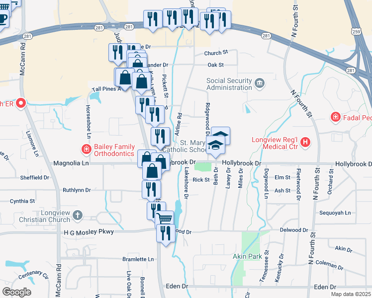 map of restaurants, bars, coffee shops, grocery stores, and more near 301 Hollybrook Drive in Longview