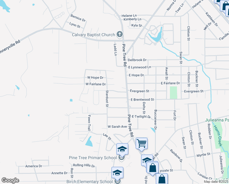 map of restaurants, bars, coffee shops, grocery stores, and more near 101 Evergreen Street in Longview