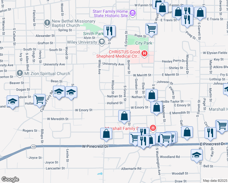 map of restaurants, bars, coffee shops, grocery stores, and more near 1305 Wilson Street in Marshall