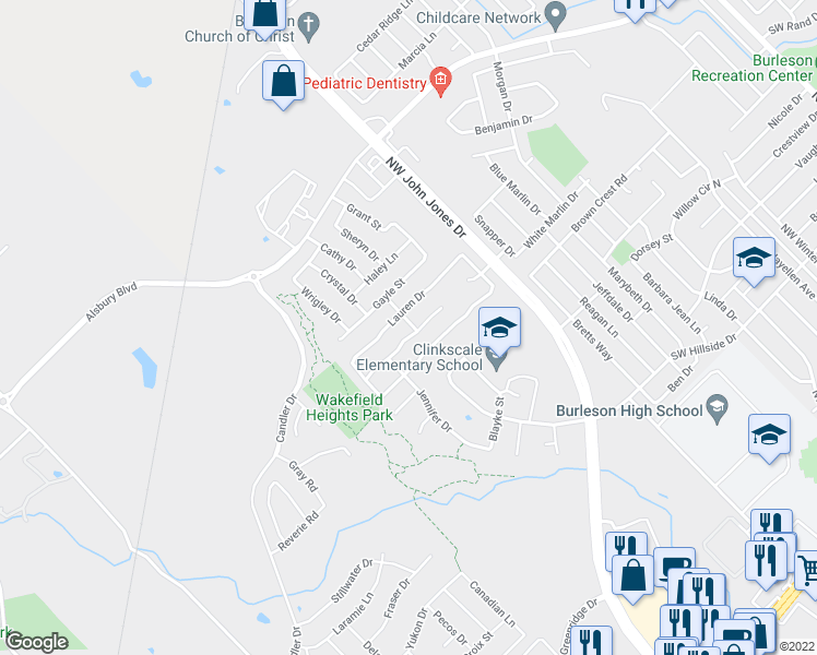 map of restaurants, bars, coffee shops, grocery stores, and more near 1400 Erin Court in Burleson