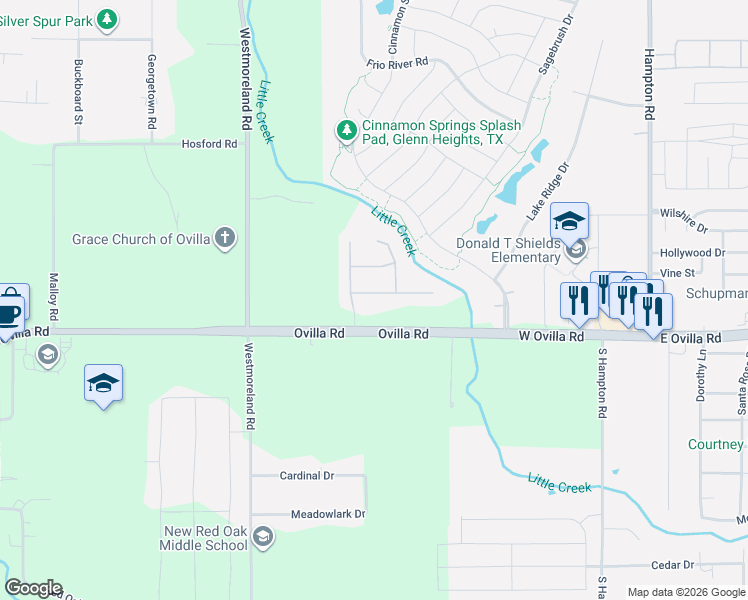 map of restaurants, bars, coffee shops, grocery stores, and more near 207 White Rock Court in Red Oak