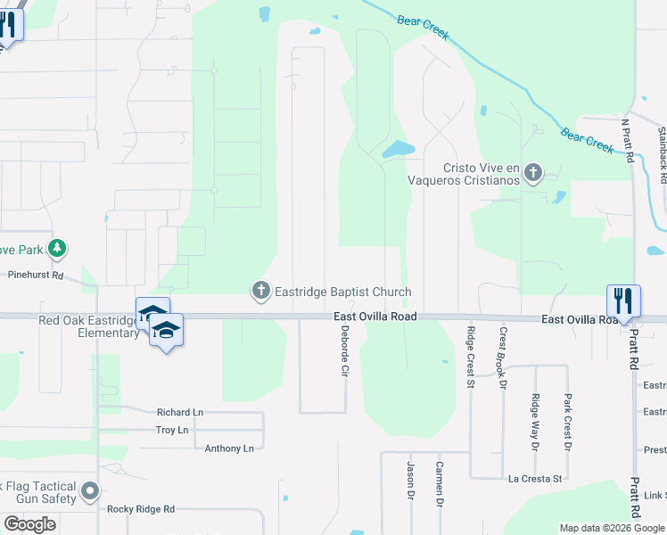 map of restaurants, bars, coffee shops, grocery stores, and more near 110 Prairie Creek Road in Red Oak