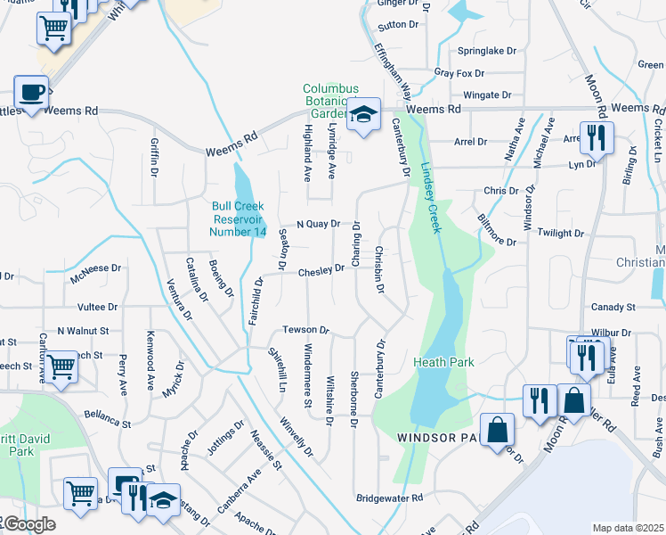 map of restaurants, bars, coffee shops, grocery stores, and more near 6100 Ascot Way in Columbus