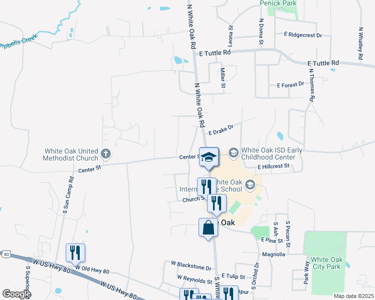 map of restaurants, bars, coffee shops, grocery stores, and more near 154 Ron Boyett Street in White Oak