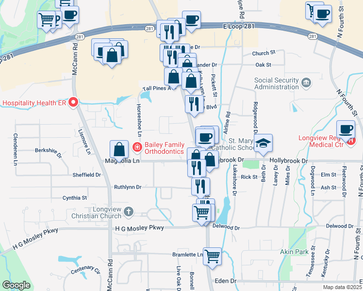 map of restaurants, bars, coffee shops, grocery stores, and more near 2007 Judson Road in Longview