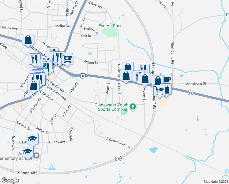 map of restaurants, bars, coffee shops, grocery stores, and more near 319 North Taylor Street in Gladewater