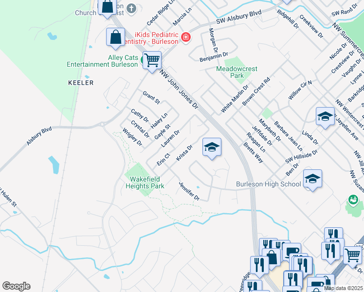 map of restaurants, bars, coffee shops, grocery stores, and more near 1313 Erin Court in Burleson