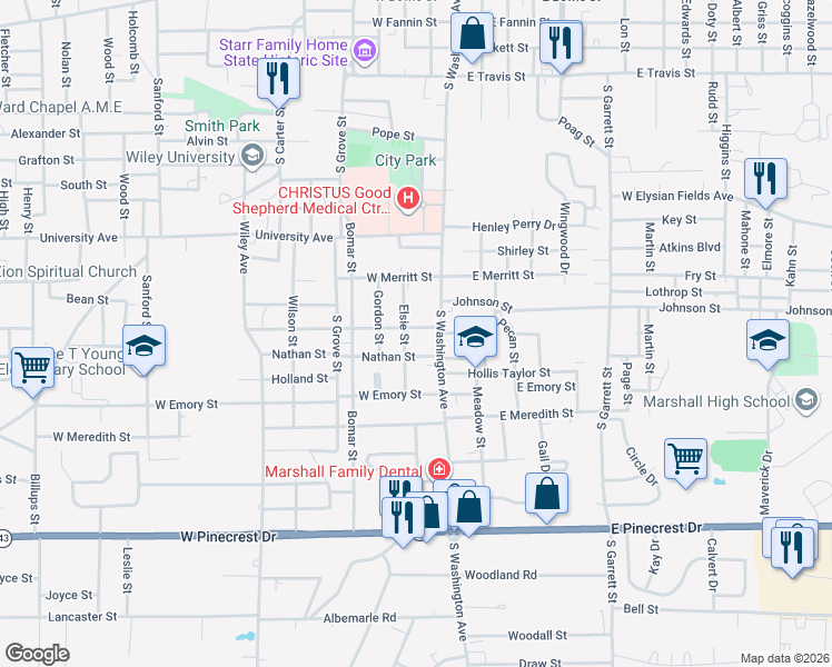map of restaurants, bars, coffee shops, grocery stores, and more near 106 Medill Street in Marshall