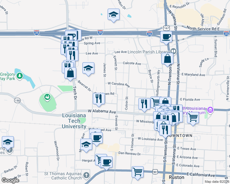 map of restaurants, bars, coffee shops, grocery stores, and more near 505 Everett Street in Ruston