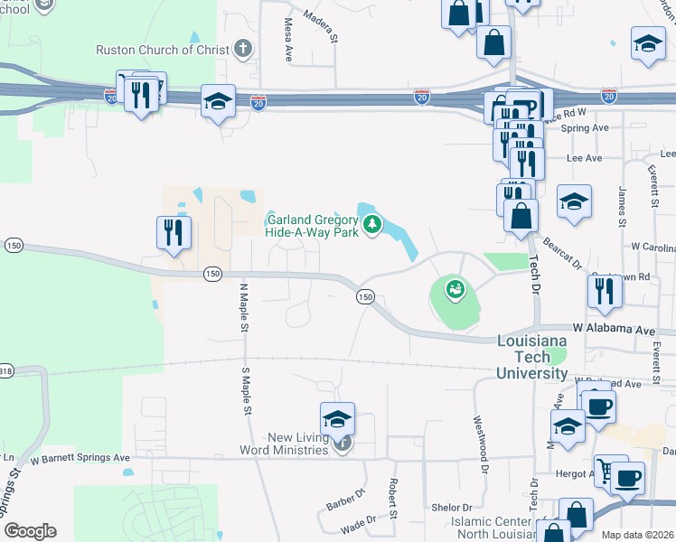 map of restaurants, bars, coffee shops, grocery stores, and more near 1812 West Alabama Avenue in Ruston