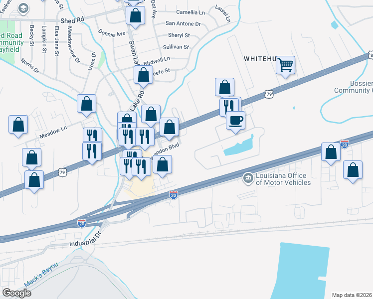 map of restaurants, bars, coffee shops, grocery stores, and more near 822 Garrett Drive in Bossier City