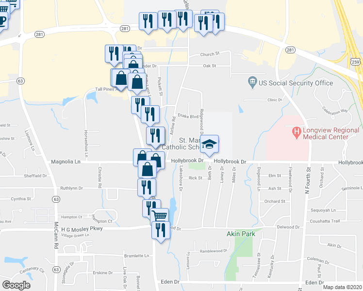 map of restaurants, bars, coffee shops, grocery stores, and more near 301 Hollybrook Drive in Longview