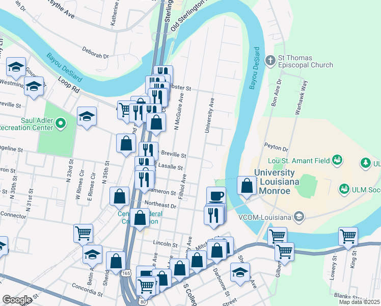 map of restaurants, bars, coffee shops, grocery stores, and more near 3601 Breville Street in Monroe