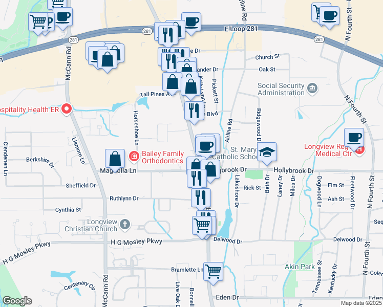 map of restaurants, bars, coffee shops, grocery stores, and more near 2007 Judson Road in Longview