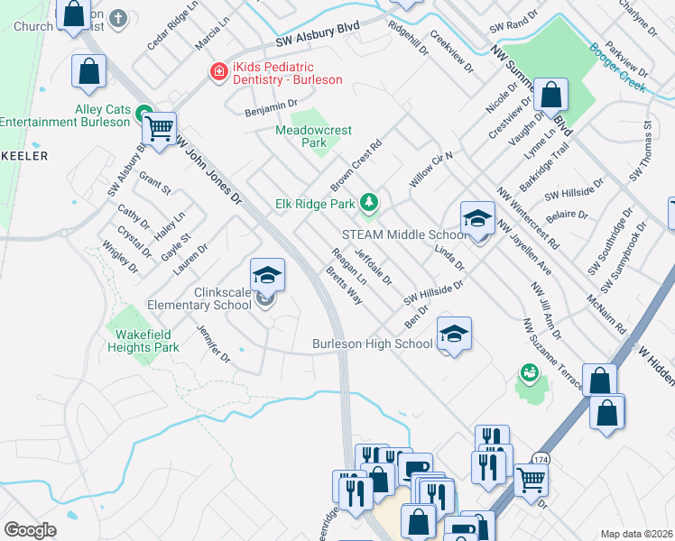 map of restaurants, bars, coffee shops, grocery stores, and more near 532 Bretts Way in Burleson