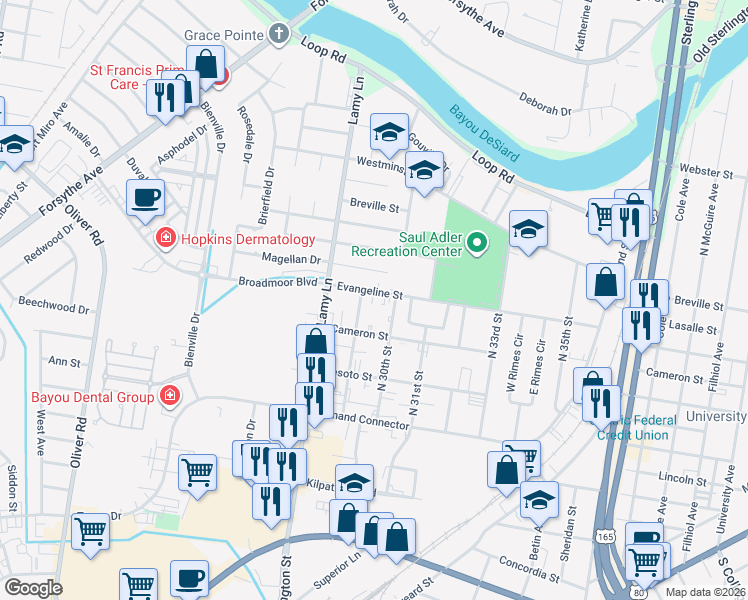 map of restaurants, bars, coffee shops, grocery stores, and more near 2908 Evangeline St in Monroe