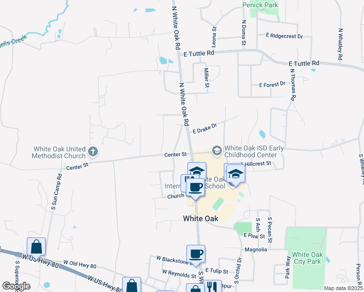 map of restaurants, bars, coffee shops, grocery stores, and more near 103 N White Oak Rd in White Oak
