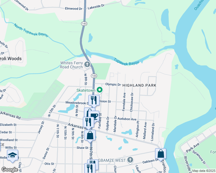 map of restaurants, bars, coffee shops, grocery stores, and more near 415 Gulpha Drive in West Monroe