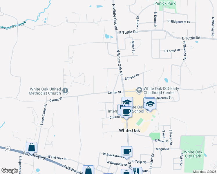 map of restaurants, bars, coffee shops, grocery stores, and more near 154 Ron Boyett Street in White Oak