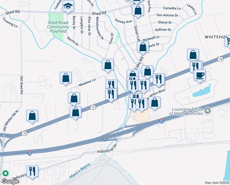 map of restaurants, bars, coffee shops, grocery stores, and more near 4405 East Texas Street in Bossier City