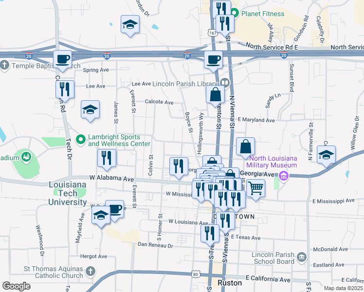 map of restaurants, bars, coffee shops, grocery stores, and more near 521 Minden Street in Ruston