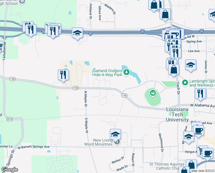 map of restaurants, bars, coffee shops, grocery stores, and more near 401 Goyne Street in Ruston