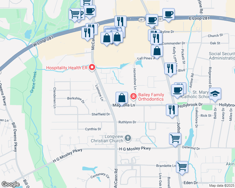 map of restaurants, bars, coffee shops, grocery stores, and more near 2900 McCann Road in Longview