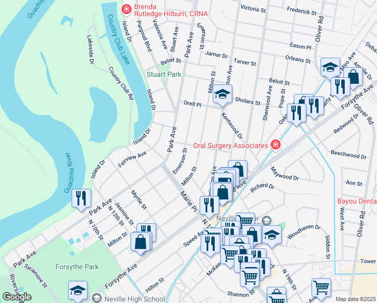 map of restaurants, bars, coffee shops, grocery stores, and more near 1625 Milton St in Monroe