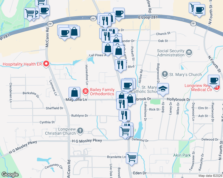map of restaurants, bars, coffee shops, grocery stores, and more near 113 Magnolia Lane in Longview