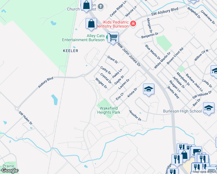 map of restaurants, bars, coffee shops, grocery stores, and more near 704 Wrigley Drive in Burleson